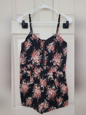 Lucca Couture Women's Floral Romper -Black With Gold Zipper Detail